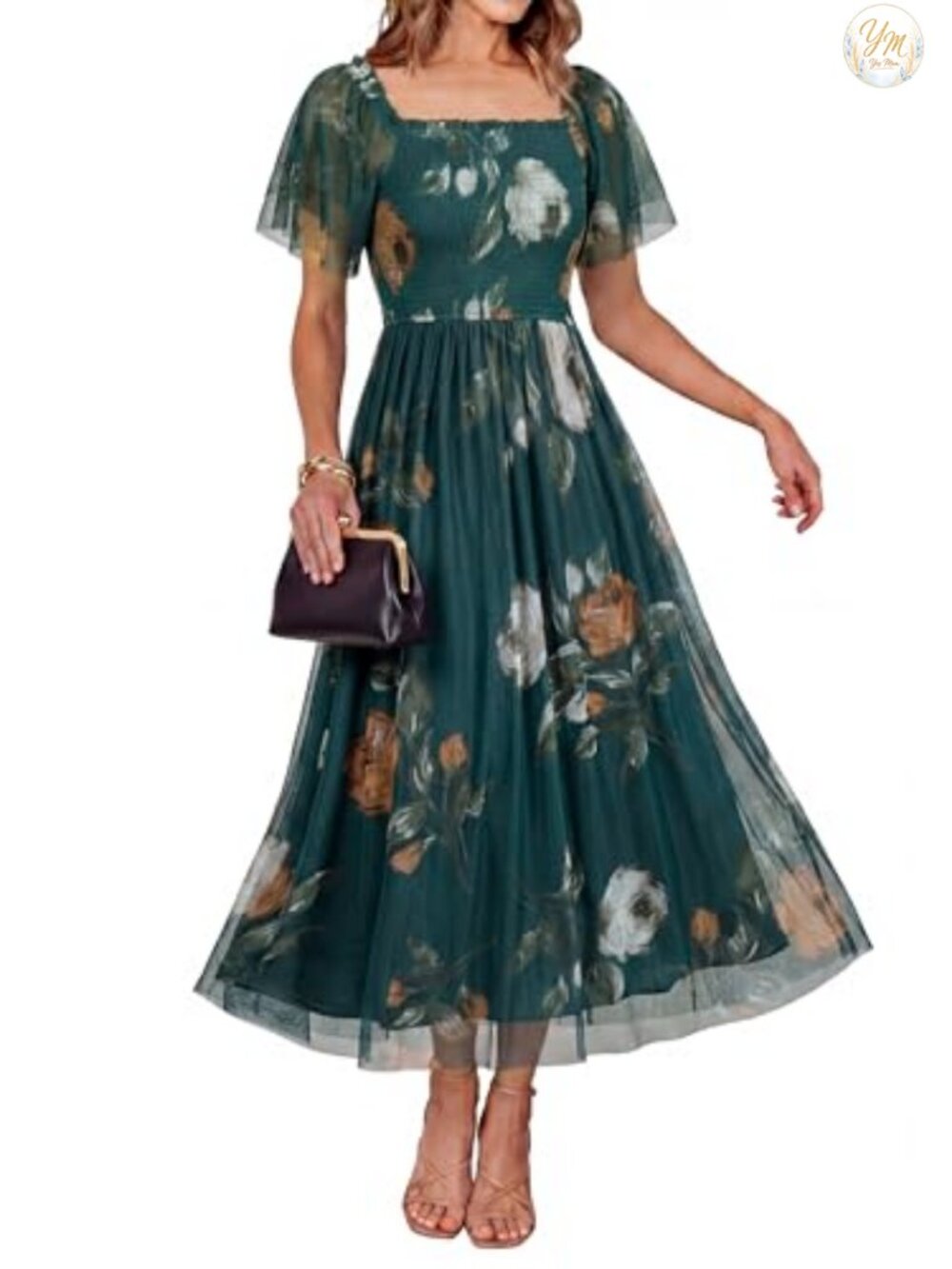 Women's Floral Maxi Dress Boho Square Neck Short Sleeve A-Line